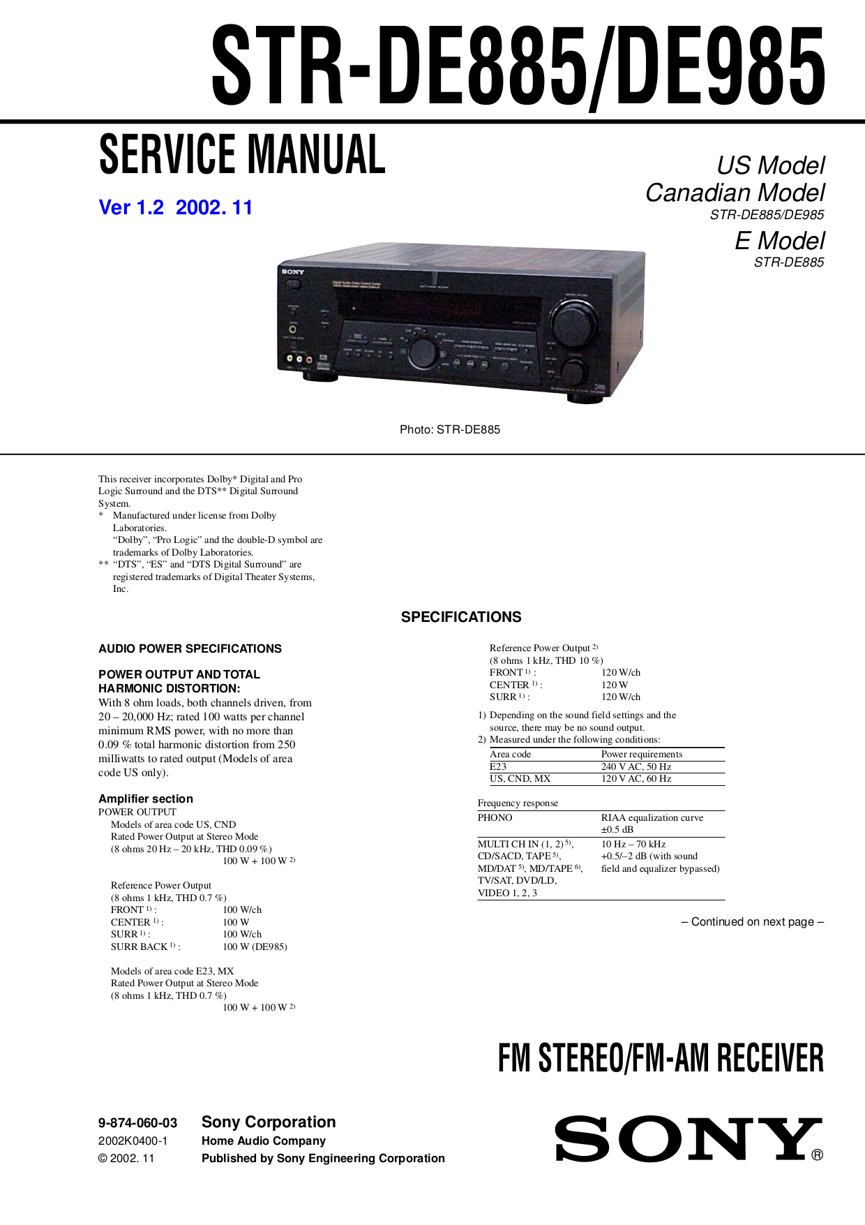 Download free pdf for Sony STR-DE985 Receiver manual