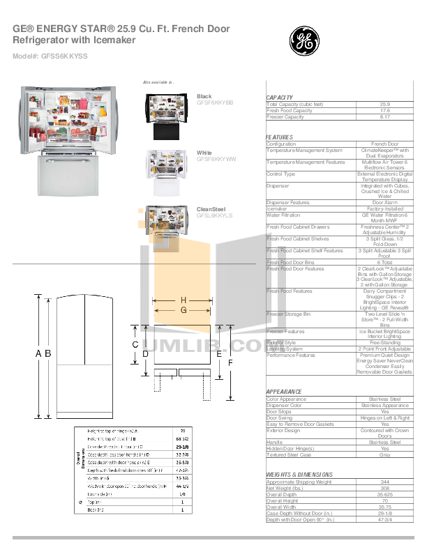 Download free pdf for GE GFSS6KKYSS Refrigerator manual