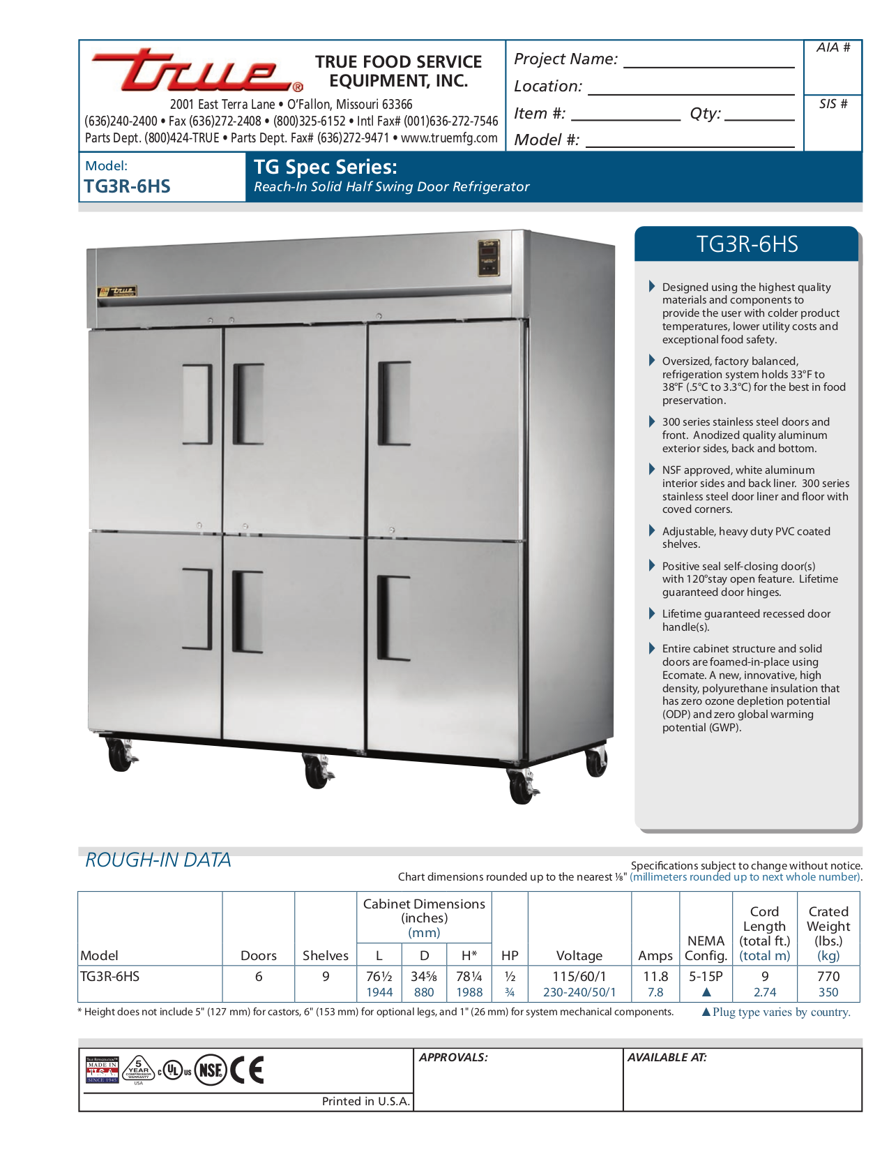 pdf for True Refrigerator TG3R-6HS manual
