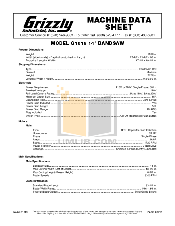 Download free pdf for Grizzly G1019Z Bandsaws Other manual