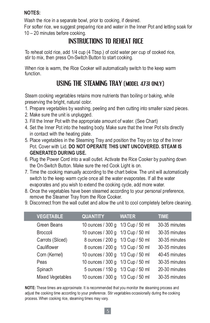 PDF manual for Oster Other 4707 rice cooker