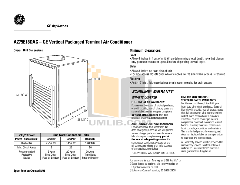 PDF manual for GE Air Conditioner Zoneline AZ75E18DAC