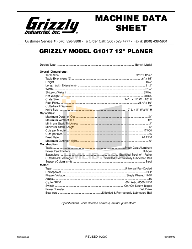 Download free pdf for Grizzly G1017 Planers Other manual