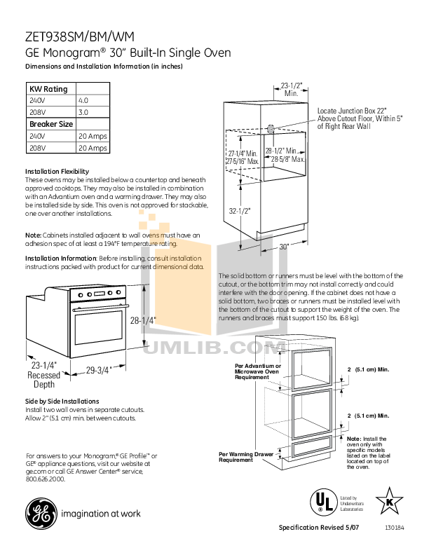 PDF manual for GE Oven Monogram ZET938SMSS