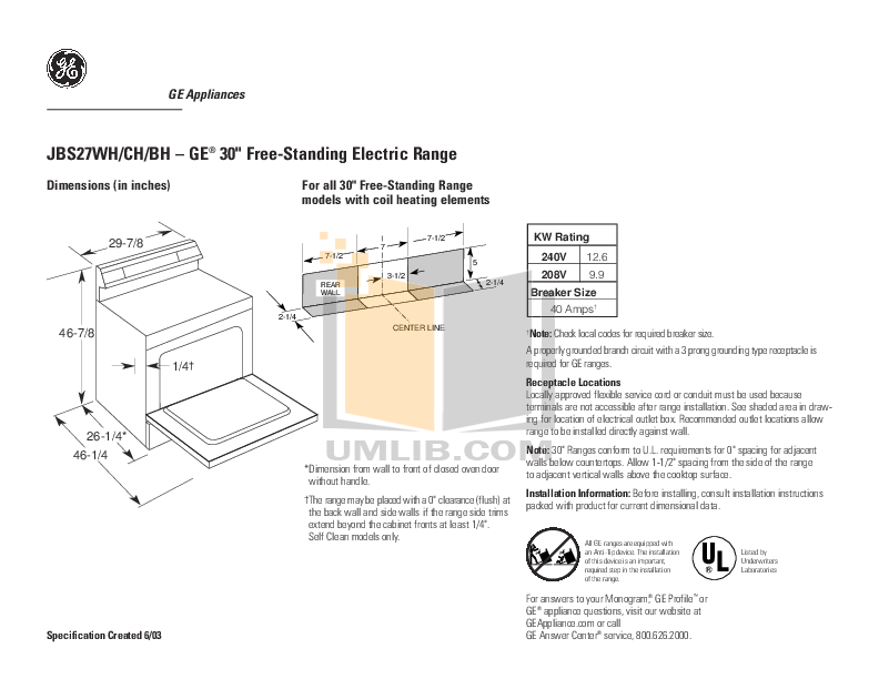 PDF manual for GE Range JBS27CHCC