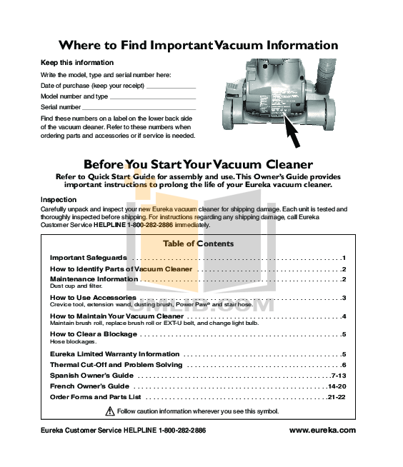 PDF manual for Eureka Vacuum Maxima 4700D