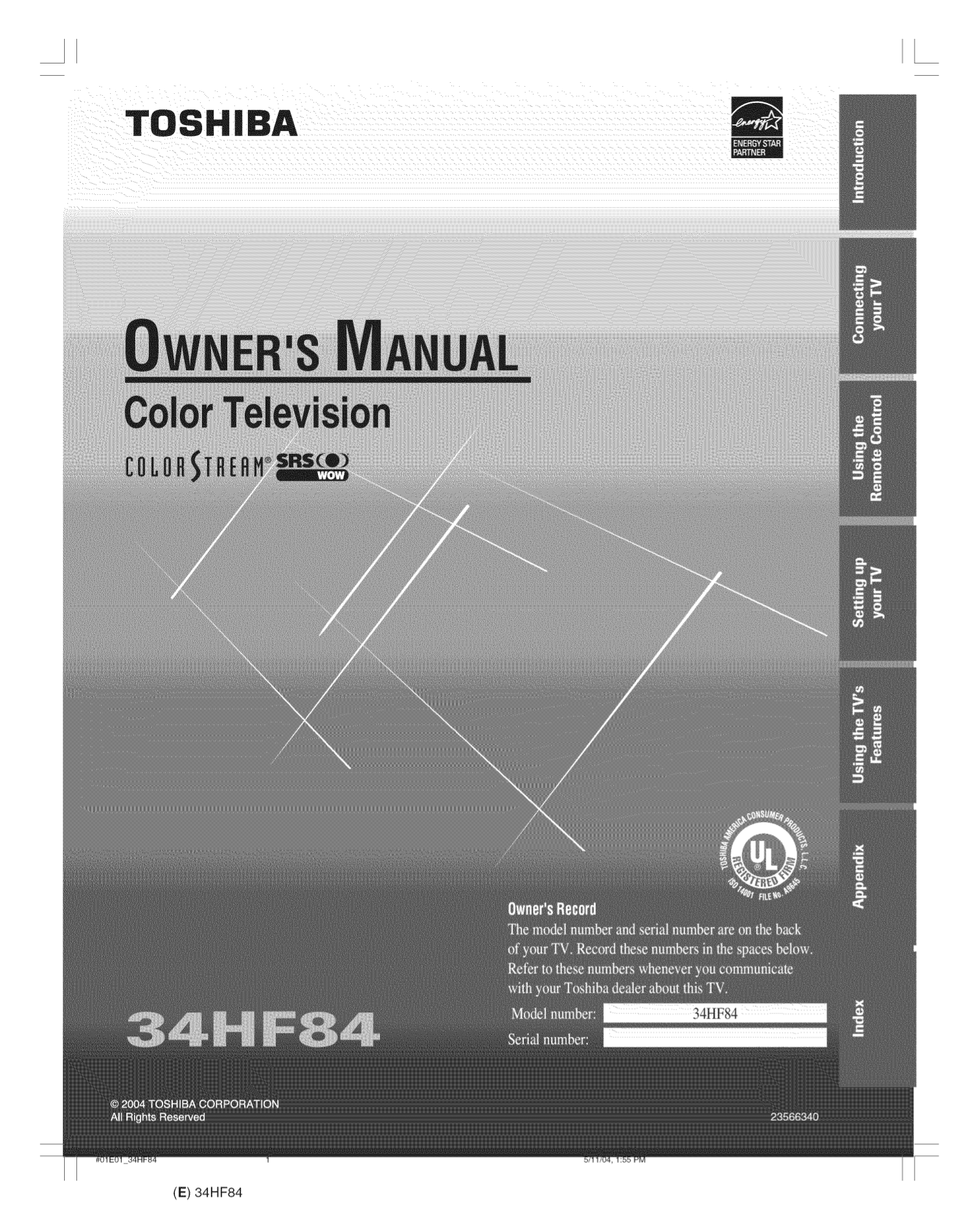 Download free pdf for Toshiba 34HF84 TV manual