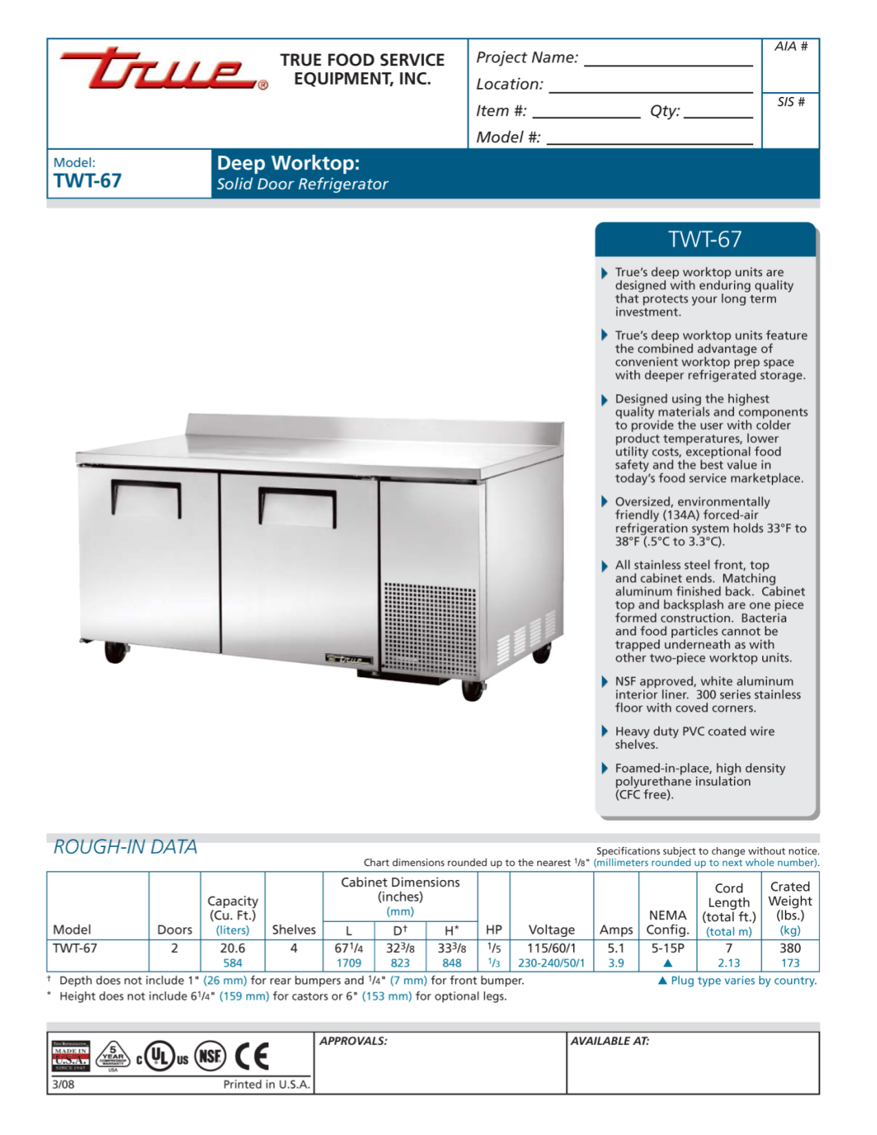Download free pdf for True TWT67 Refrigerator manual