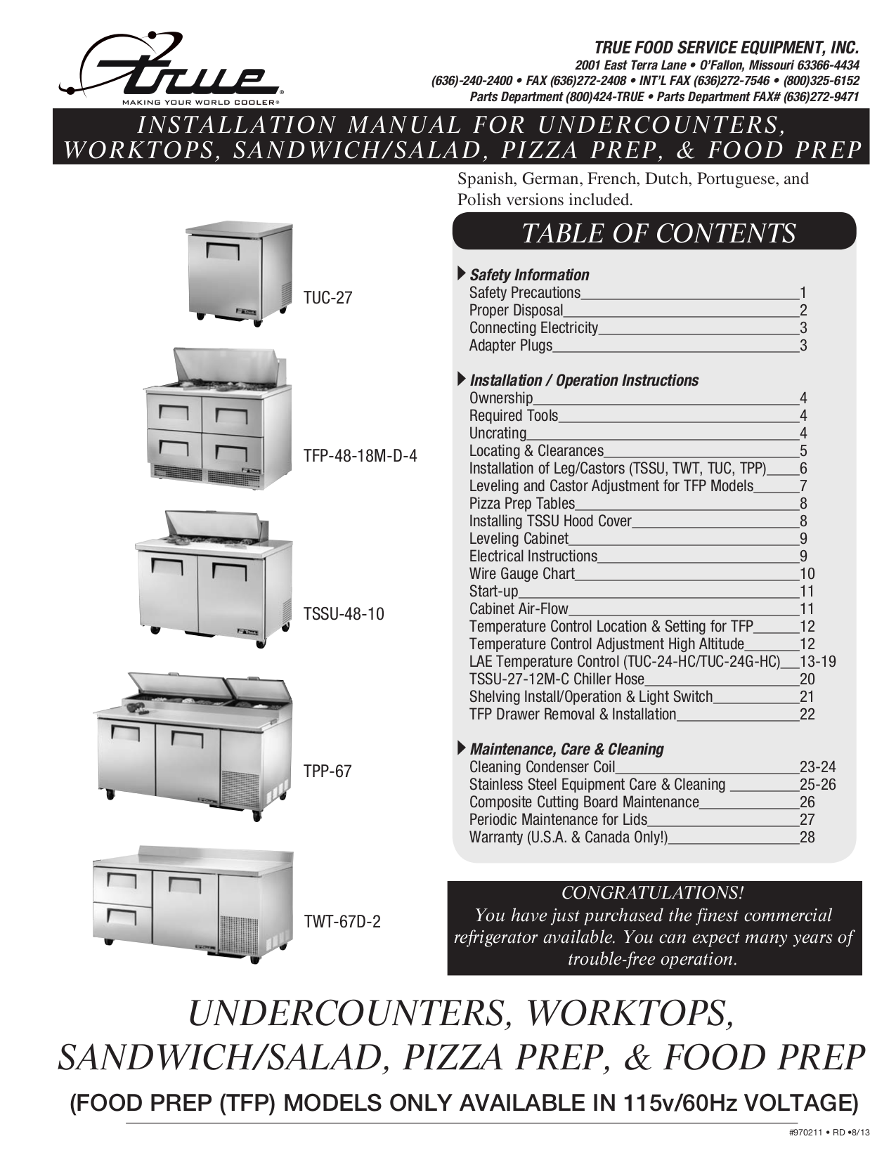 Download free pdf for True TWT67 Refrigerator manual