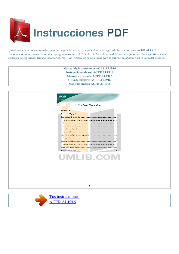 Download free pdf for Acer AL1916 Monitor manual