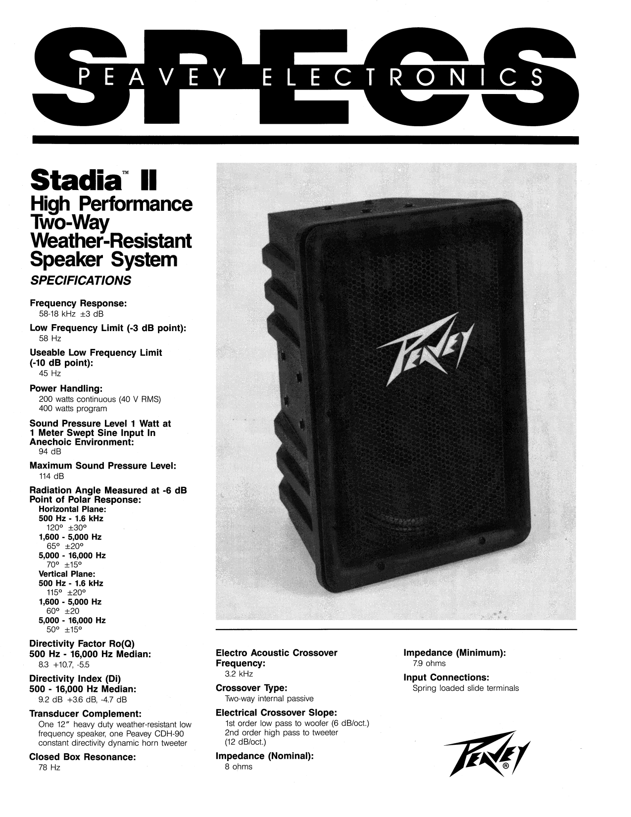 Download Free Pdf For Peavey Stadia II Speaker Manual