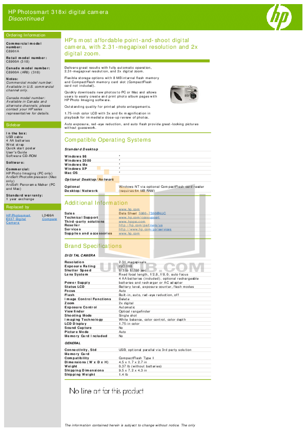 pdf for HP Digital Camera Photosmart 318 manual