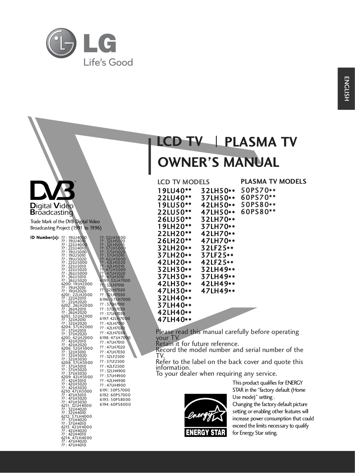 Download free pdf for LG 42LH30 TV manual