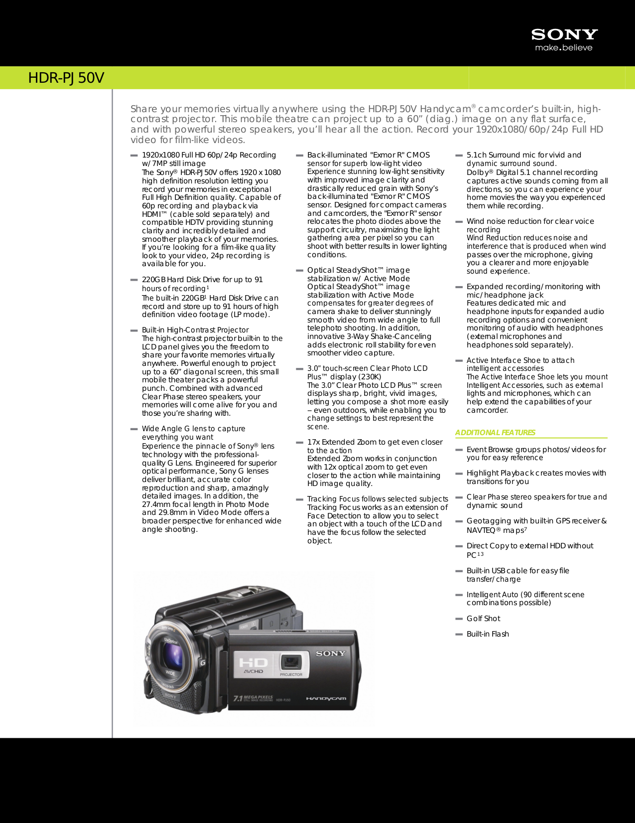 Download free pdf for Sony Handycam HDRPJ50V Camcorders manual