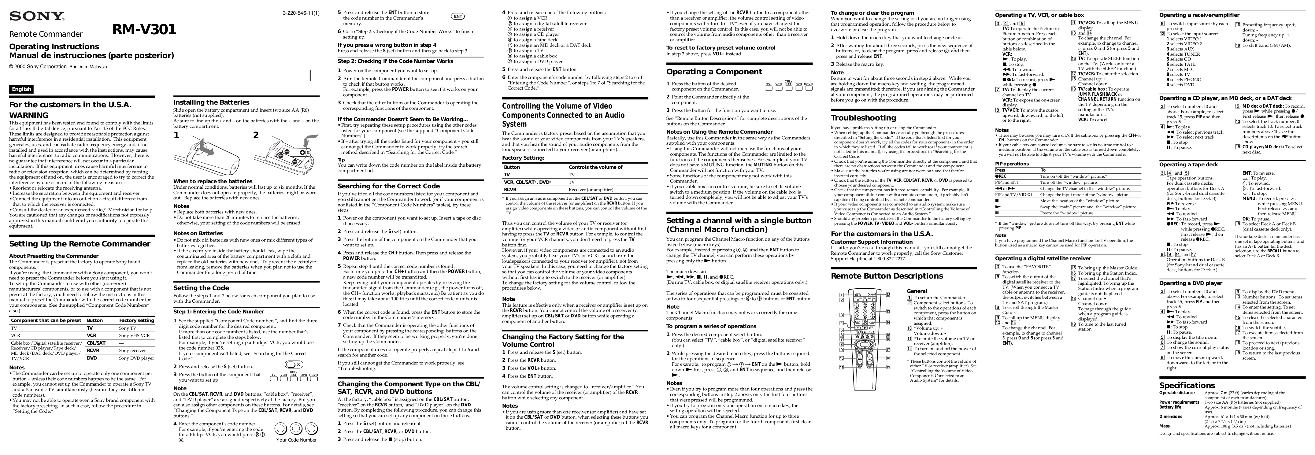PDF manual for Sony Remote Control RMV301