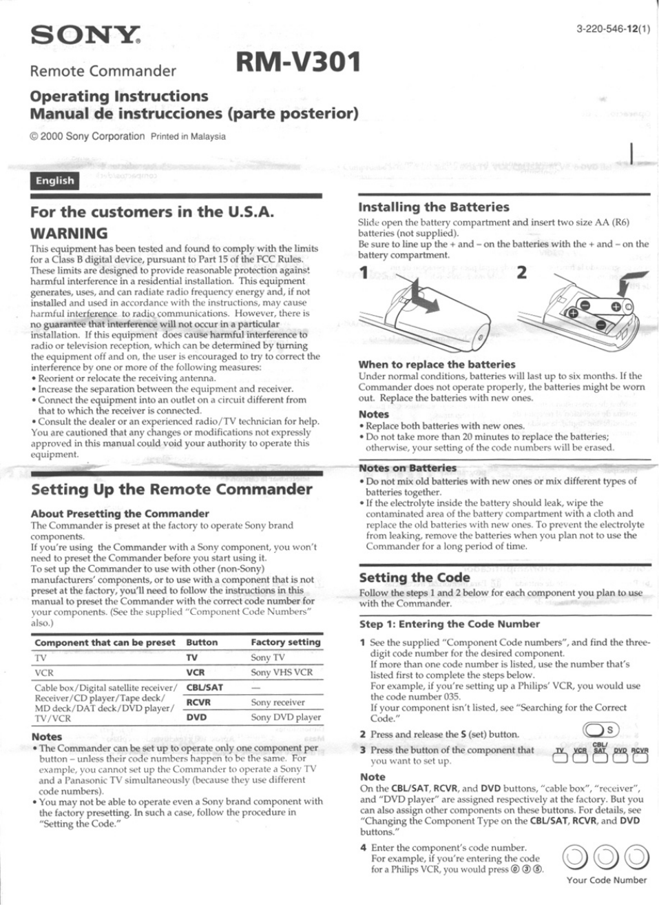 PDF manual for Sony Remote Control RMV301