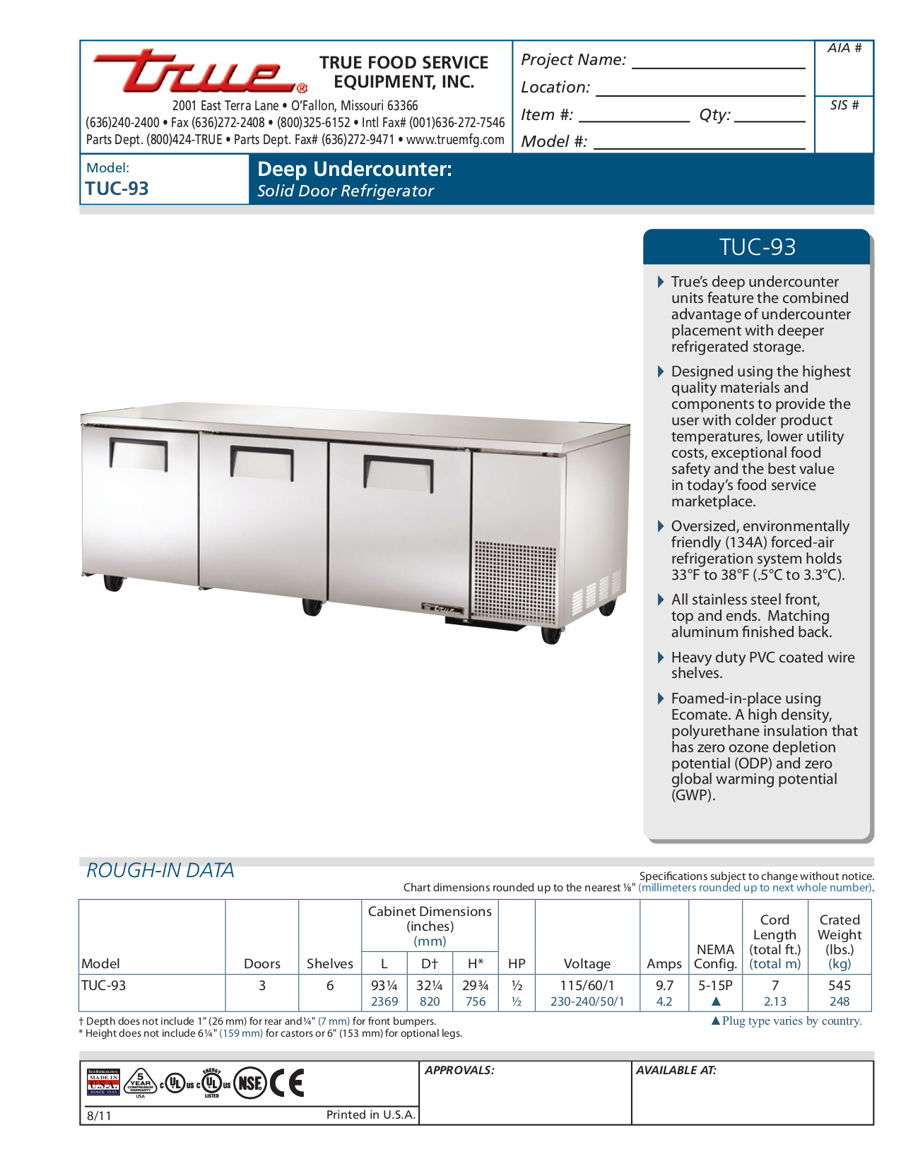 pdf for True Refrigerator TUC-93 manual