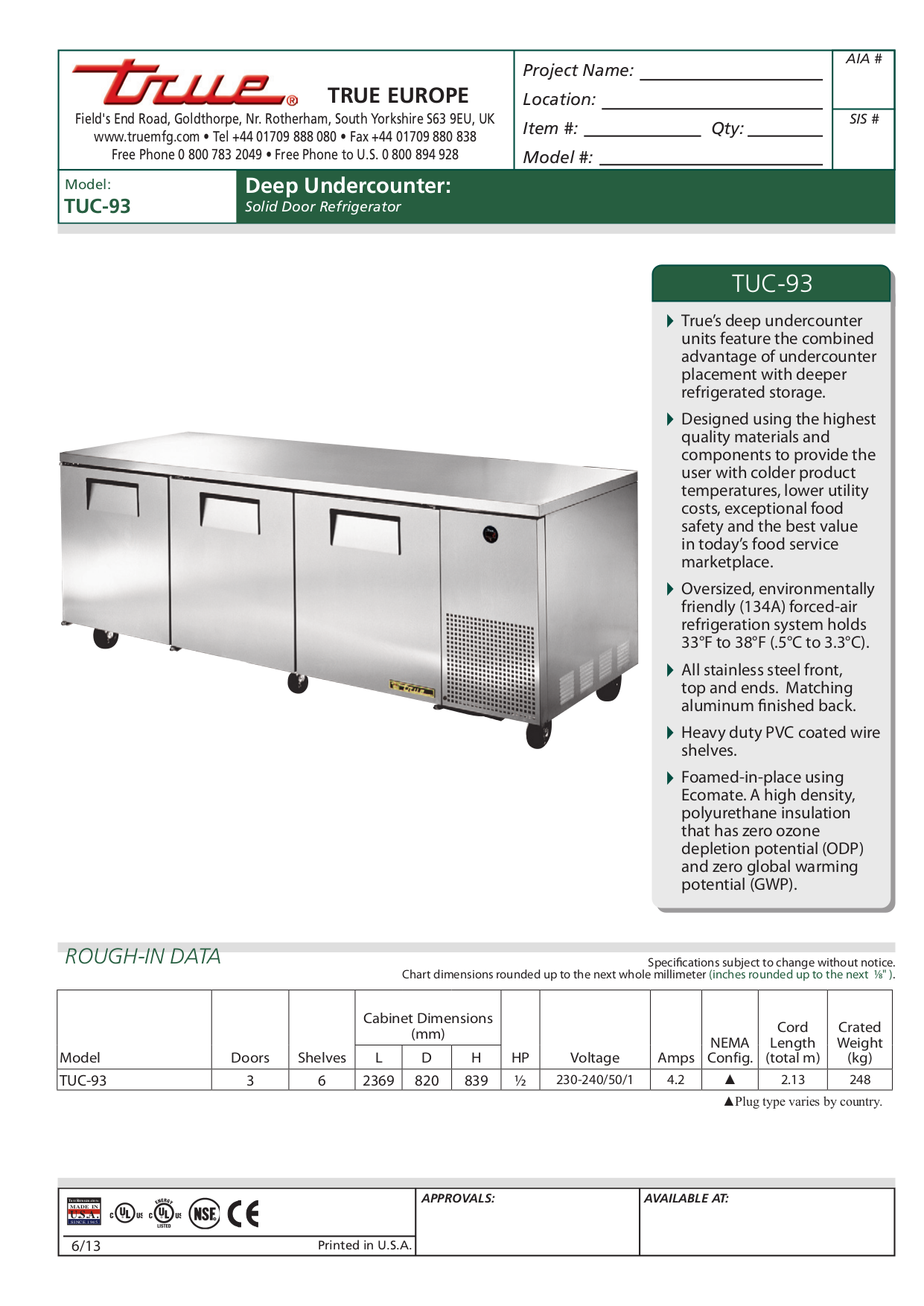 pdf for True Refrigerator TUC-93 manual