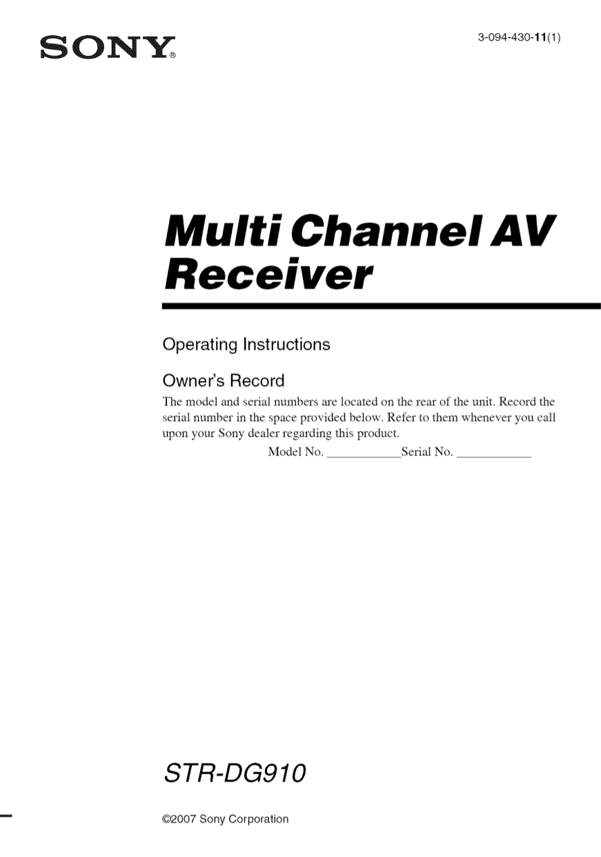 Download free pdf for Sony STR-DG910 Receiver manual