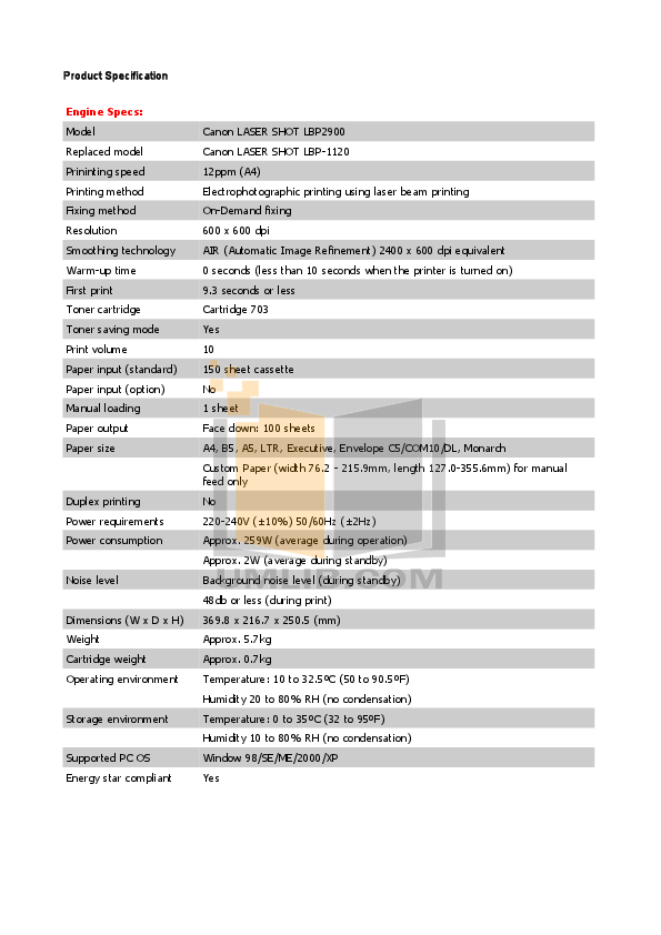 canon 2900 specification