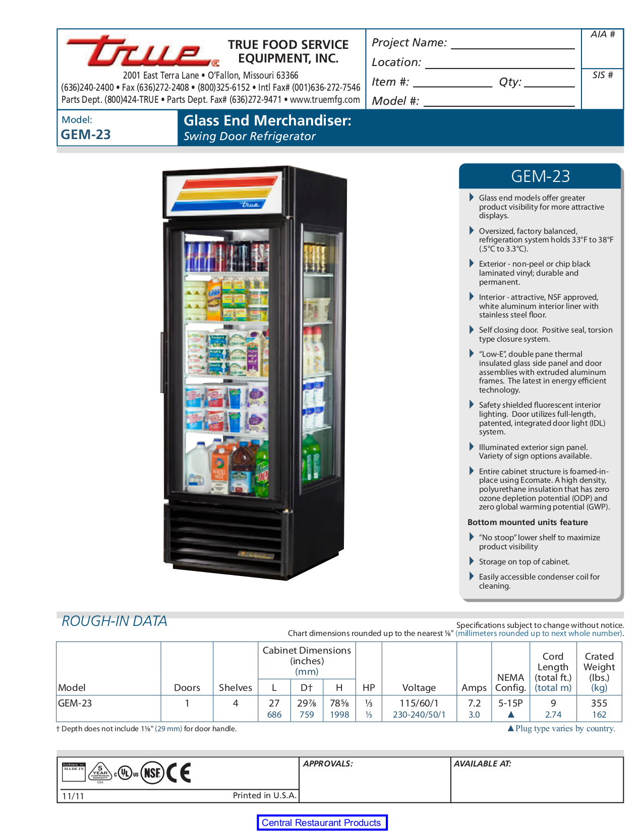 Download free pdf for True GEM23 Refrigerator manual