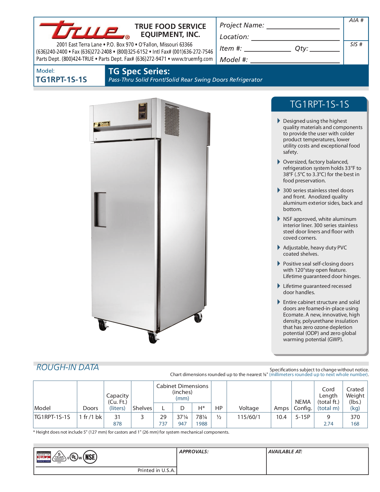 pdf for True Refrigerator TG1RPT-1S-1S manual