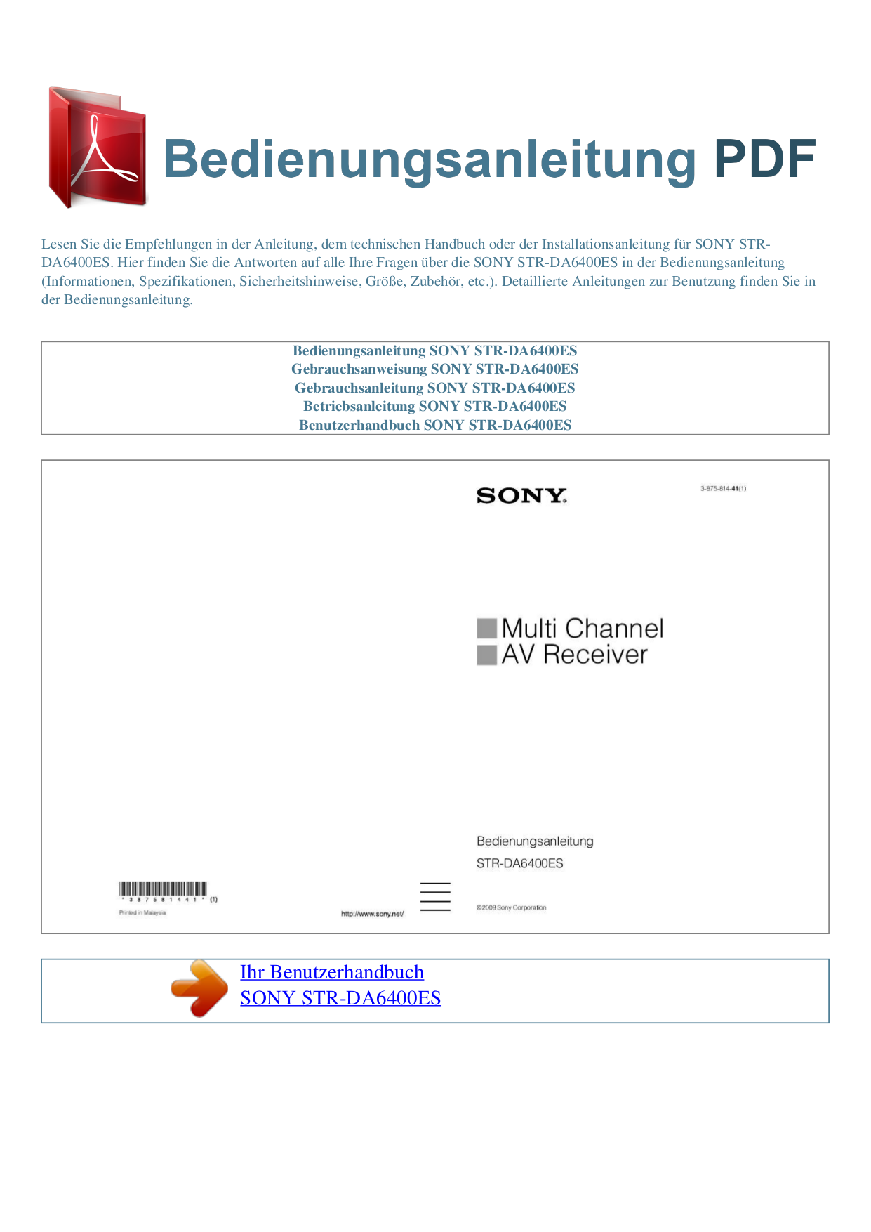 Download free pdf for Sony STR-DA6400ES Receiver manual