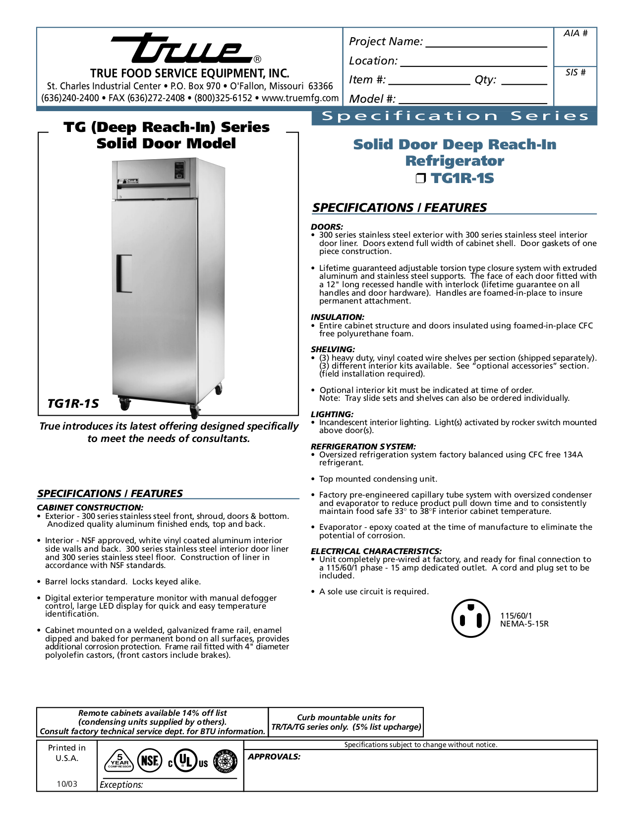 pdf for True Refrigerator TG1R-1S manual
