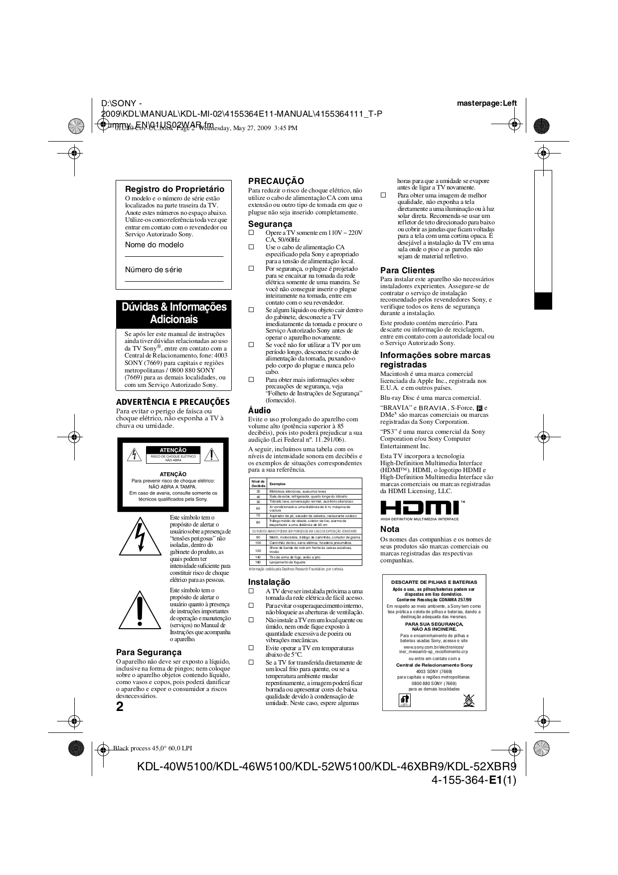 PDF manual for Sony TV BRAVIA KDL40W5100