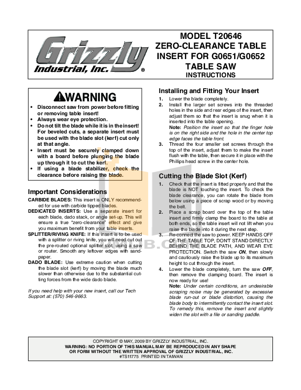 Download free pdf for Grizzly G0651 Table Saw Other manual