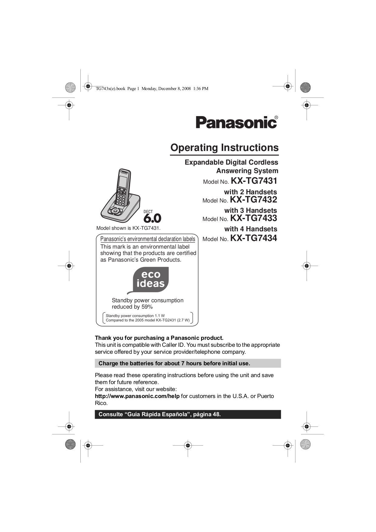 Download Free Pdf For Panasonic Kx Tg7431 Telephone Manual