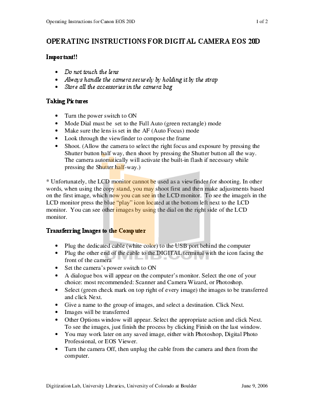 Download free pdf for Canon EOS 20D Digital Camera manual