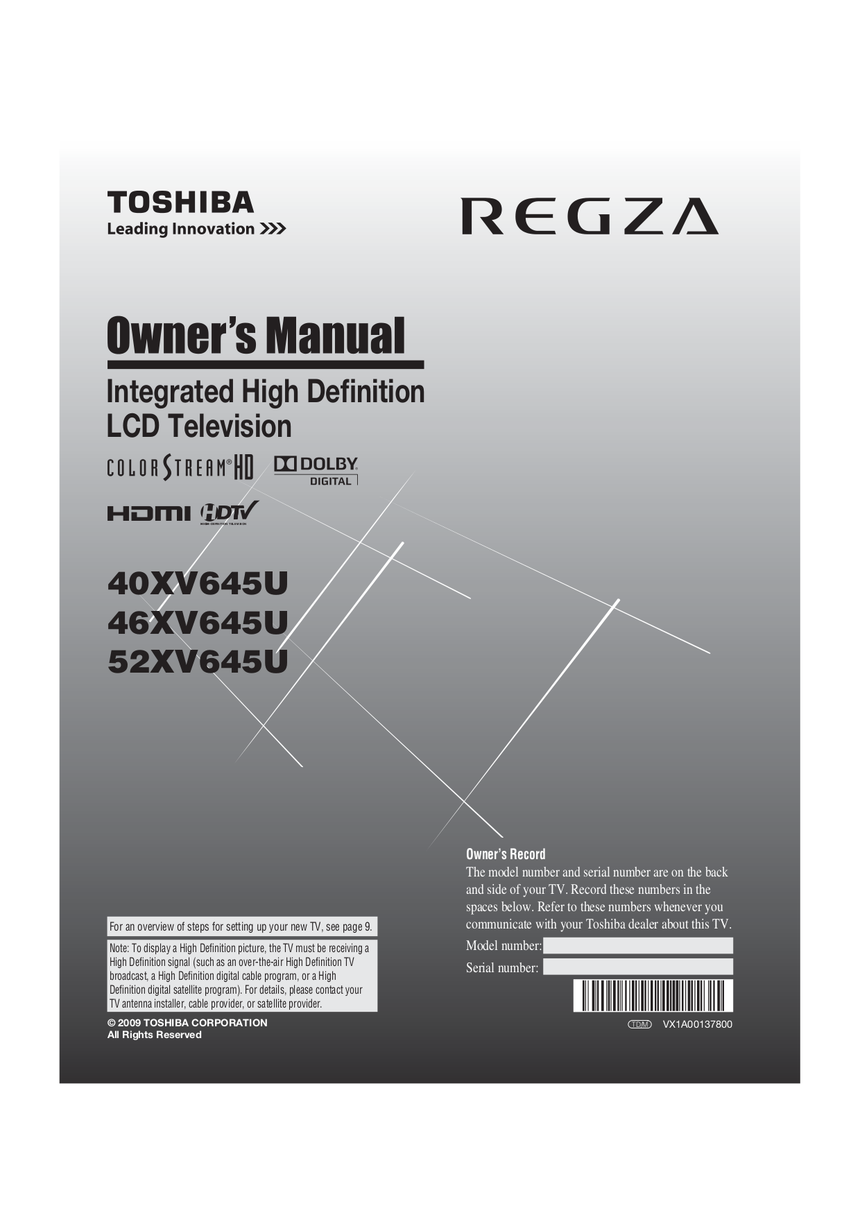 Download free pdf for Toshiba Regza 46XV645U TV manual