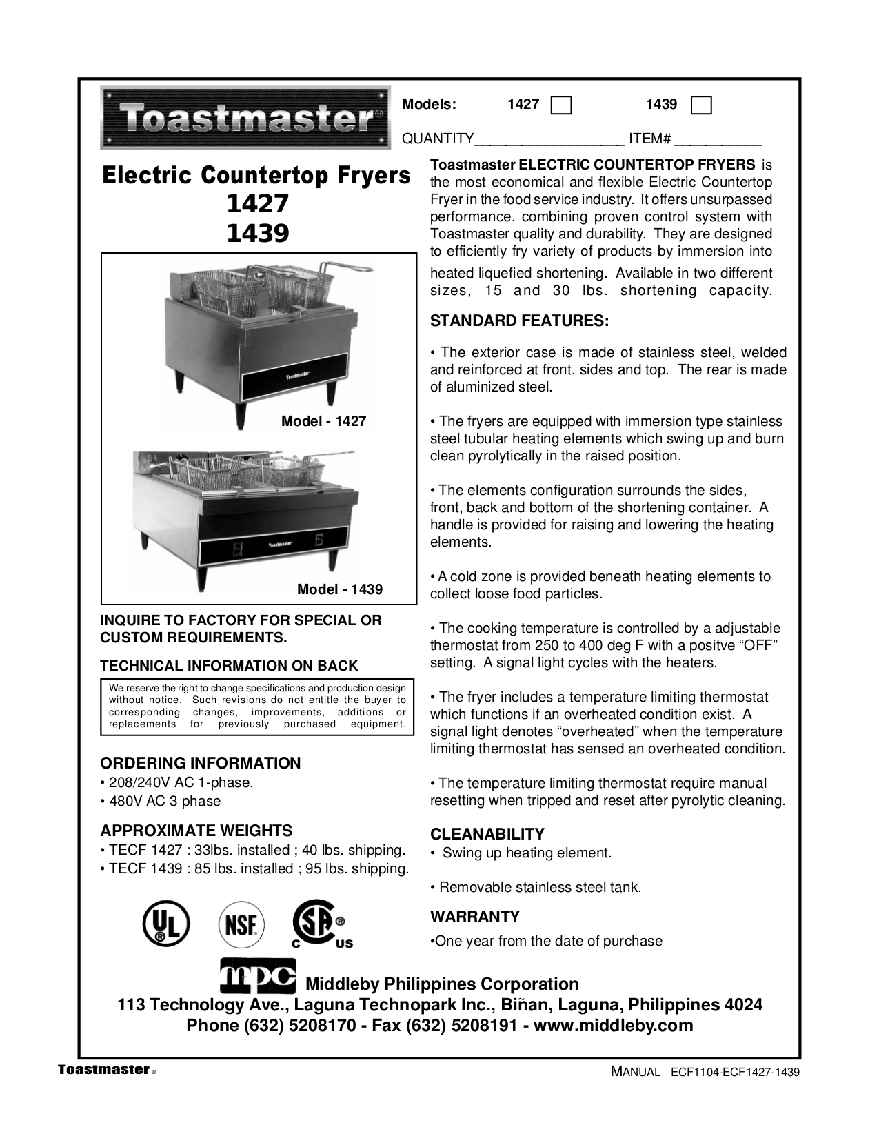 Download free pdf for Toastmaster TECF1427 Fryer Other manual