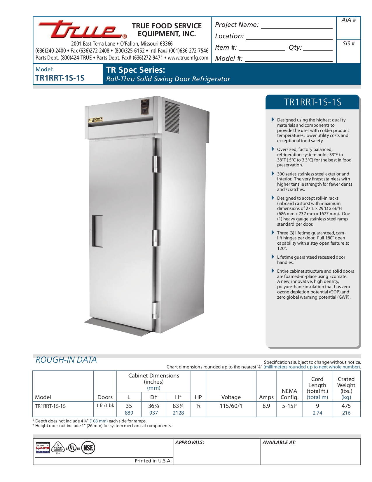 pdf for True Refrigerator TR1RRT-1S-1S manual