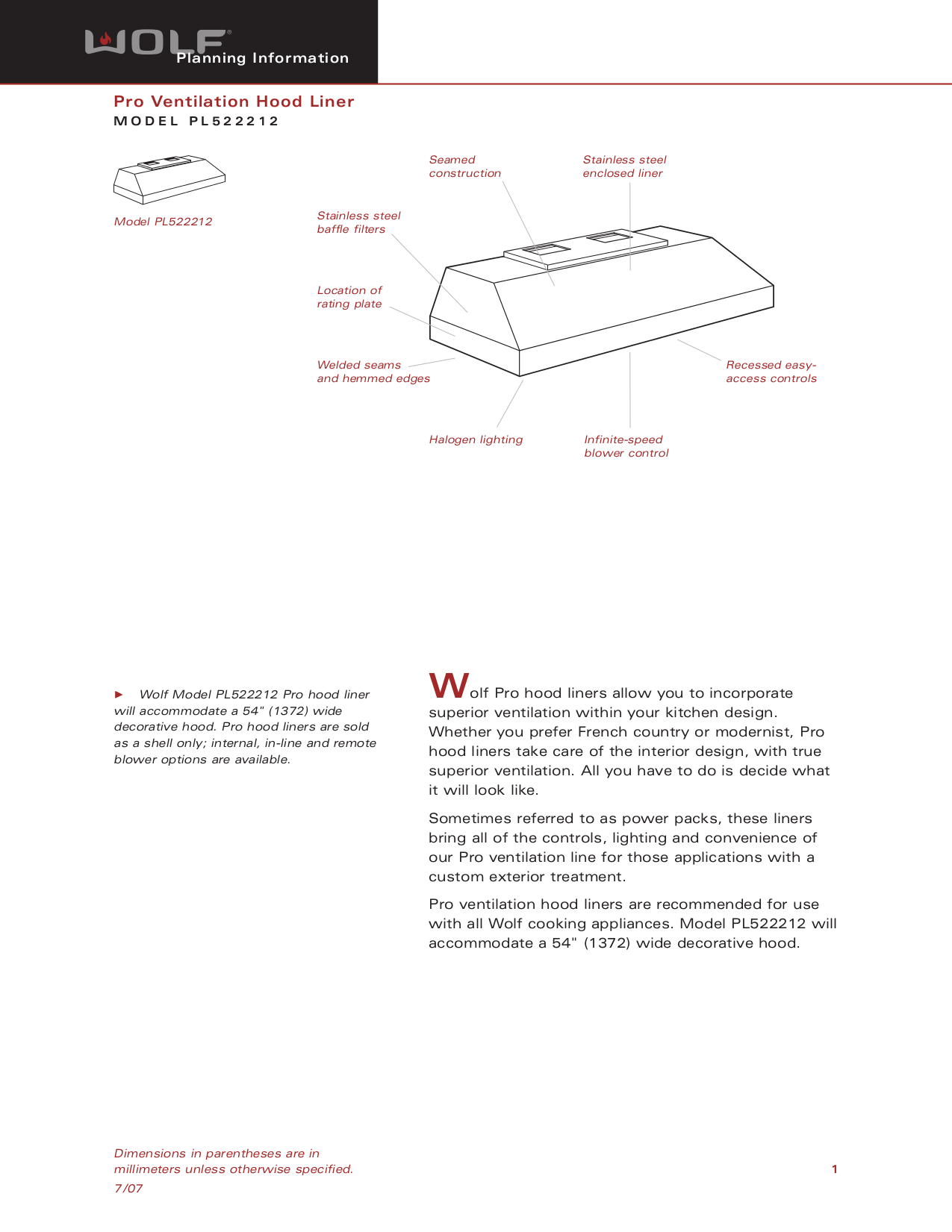 PDF manual for Wolf Other PL522212 Ventilation Hood Liners