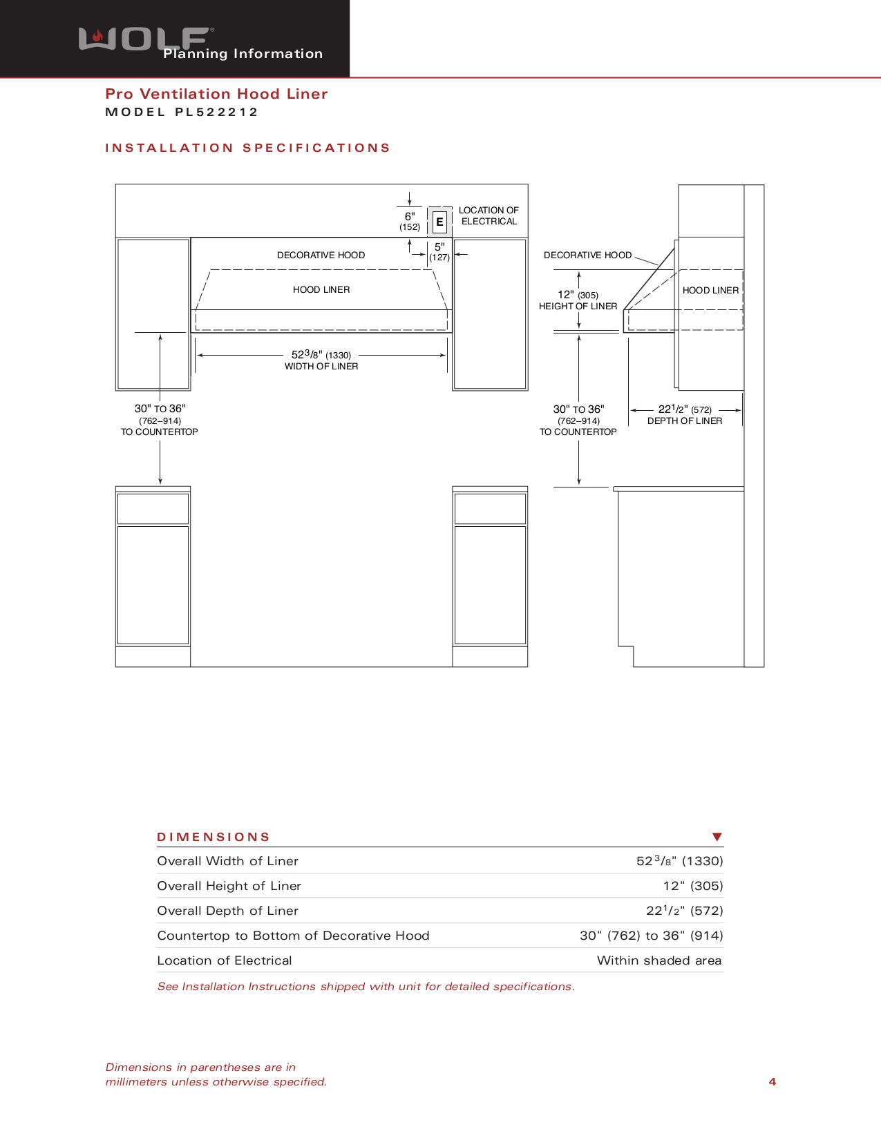 PDF manual for Wolf Other PL522212 Ventilation Hood Liners