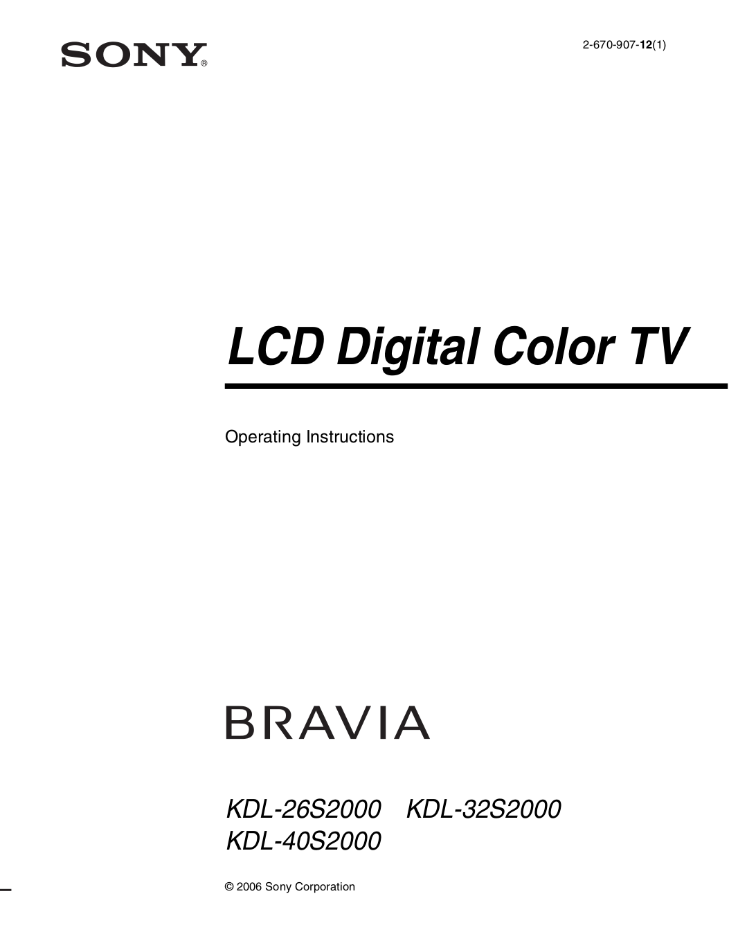 Download free pdf for Sony BRAVIA KDL-26S2000 TV manual