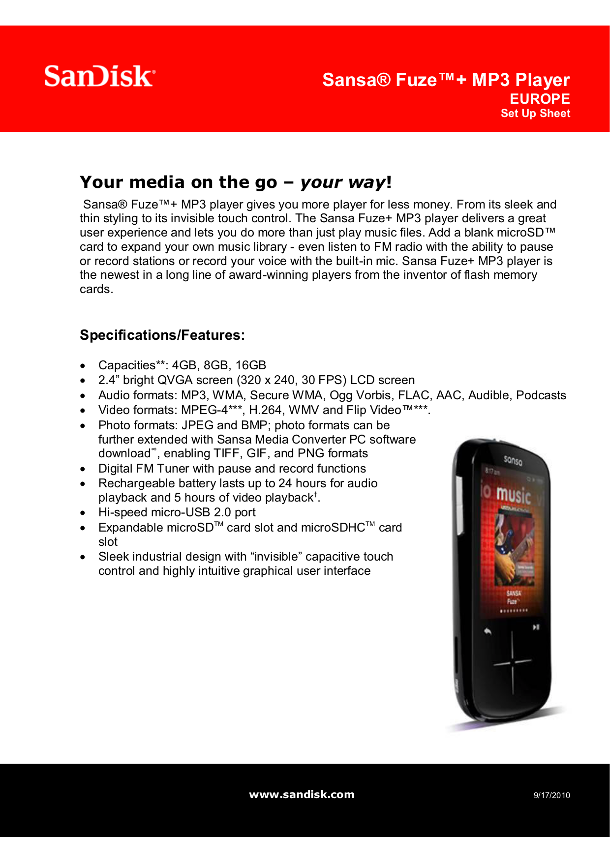 Download free pdf for Sandisk Sansa Sansa Fuze 8GB MP3 Player manual