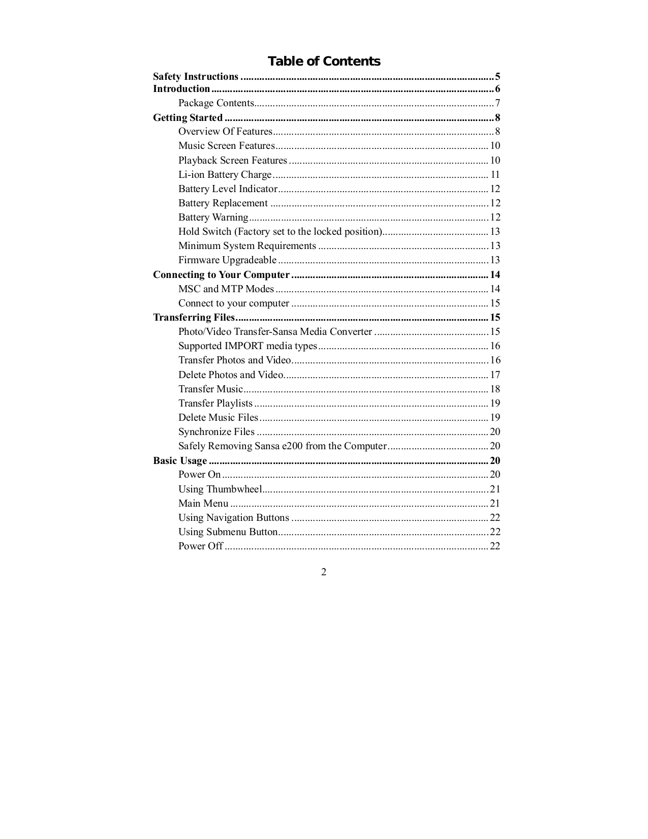 PDF manual for Sandisk MP3 Player Sansa e250