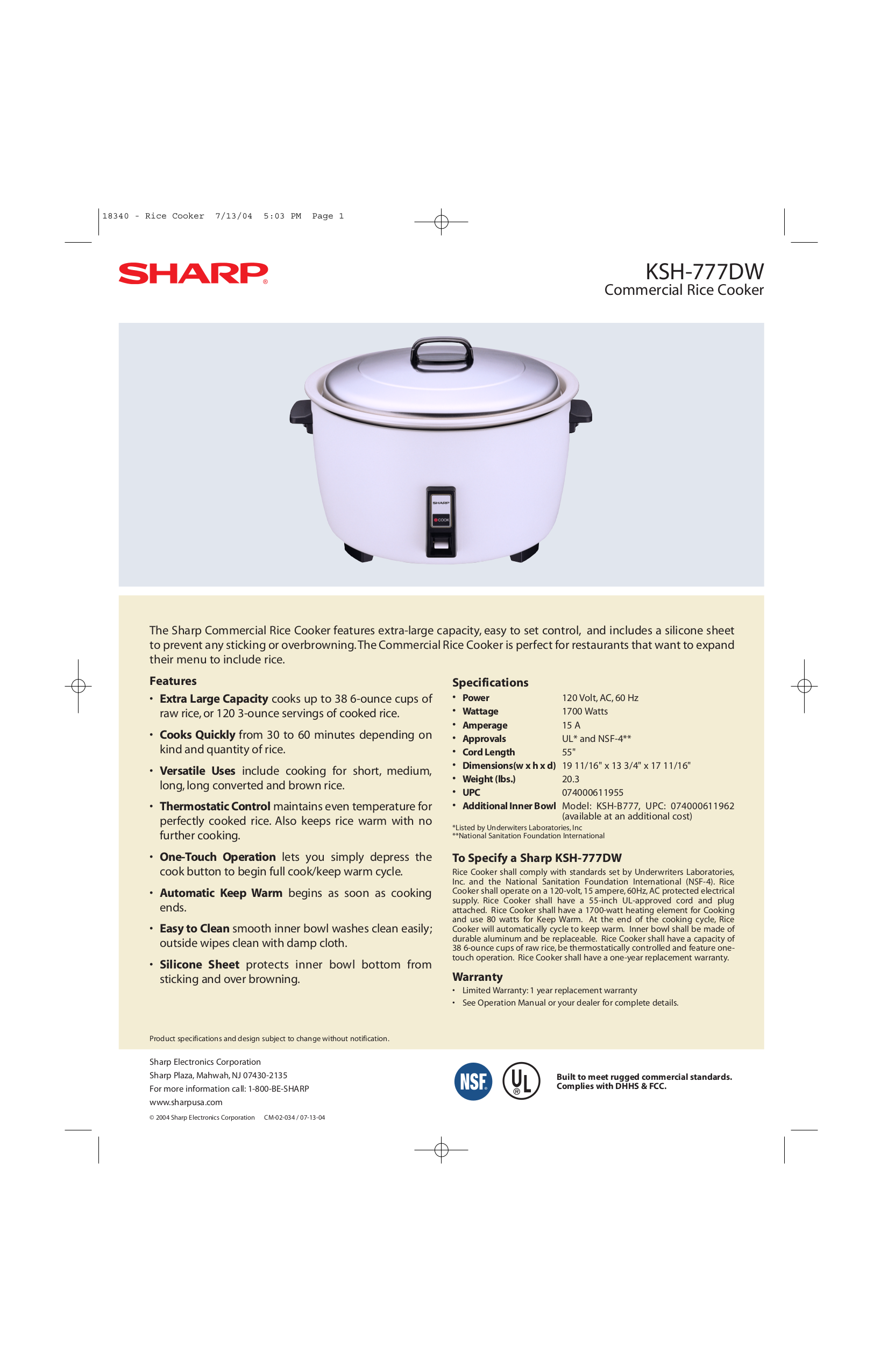 Download free pdf for Sharp KSH777DW Rice Cookers Other manual