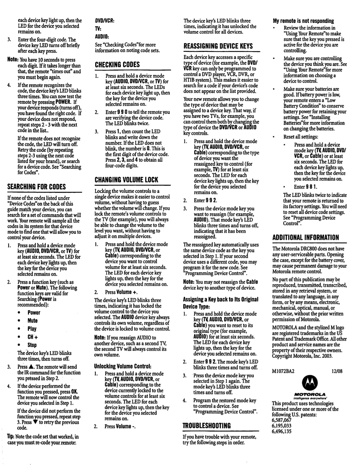 PDF manual for Motorola Remote Control DRC800