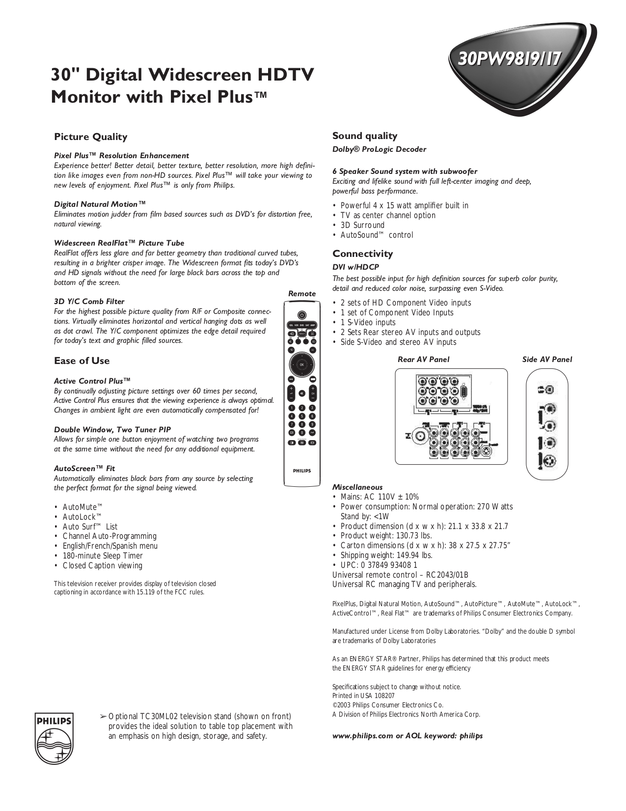 PDF manual for Philips TV 30PW9819
