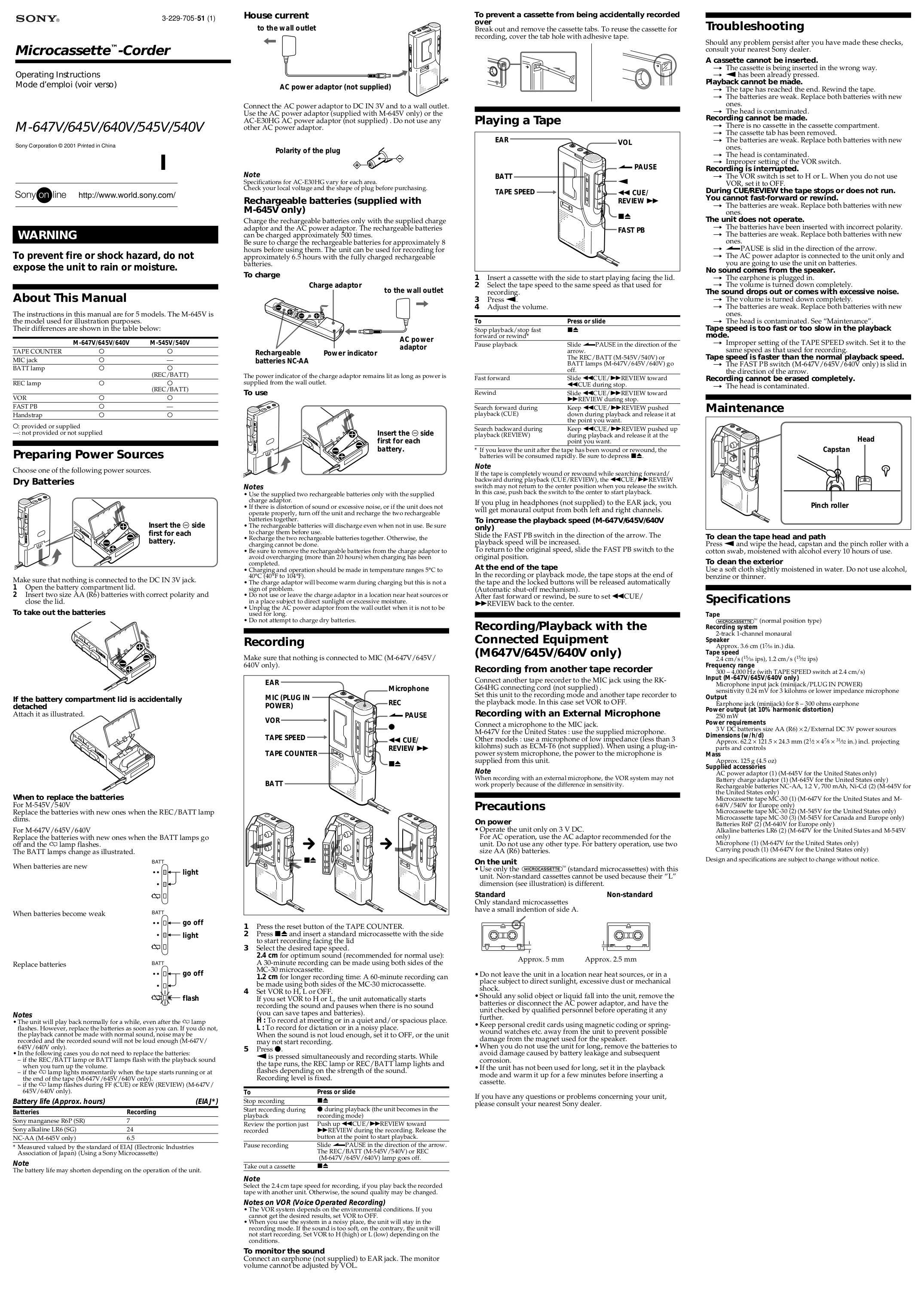 Download free pdf for Sony M647V Voice Recorder manual
