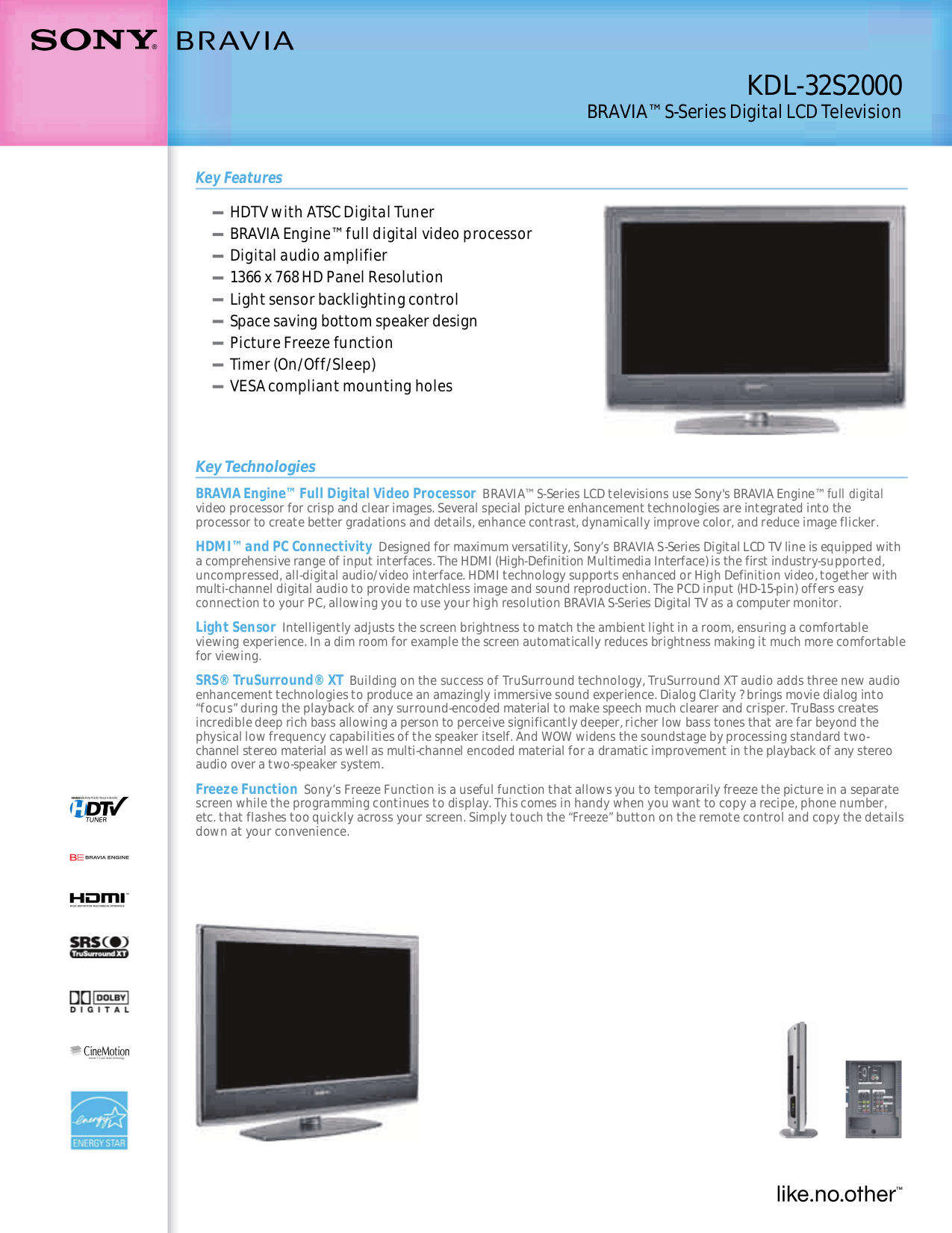 Download Free Pdf For Sony BRAVIA KDL-32S2000 TV Manual