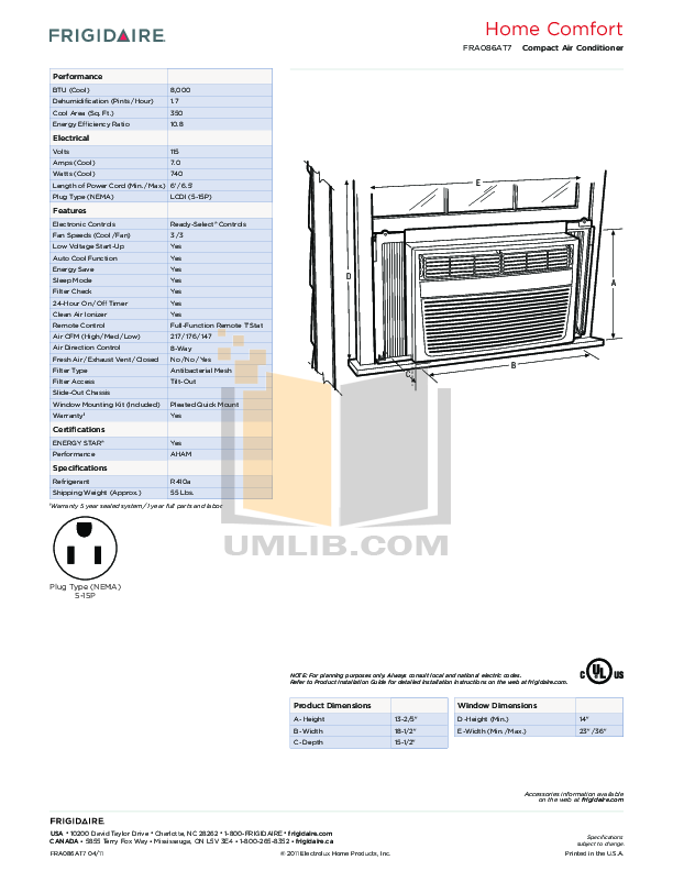 PDF manual for Frigidaire Air Conditioner FRA086AT7