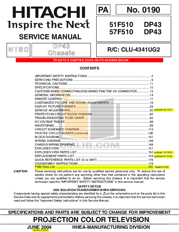 Download free pdf for Hitachi 57F510 TV manual