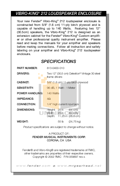 Download free pdf for Fender Vibro King Amp manual