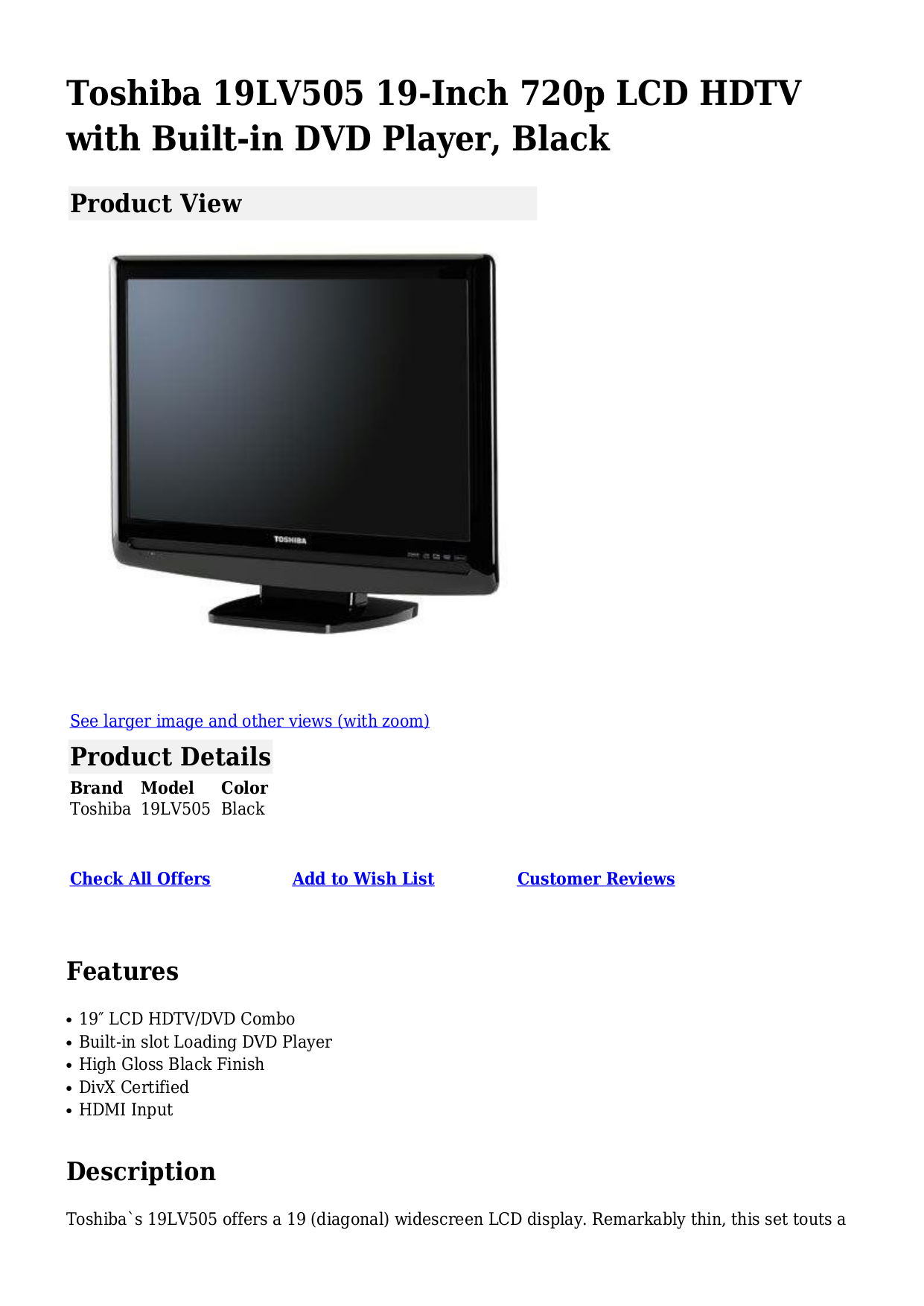 Download free pdf for Toshiba 19LV505 TV manual