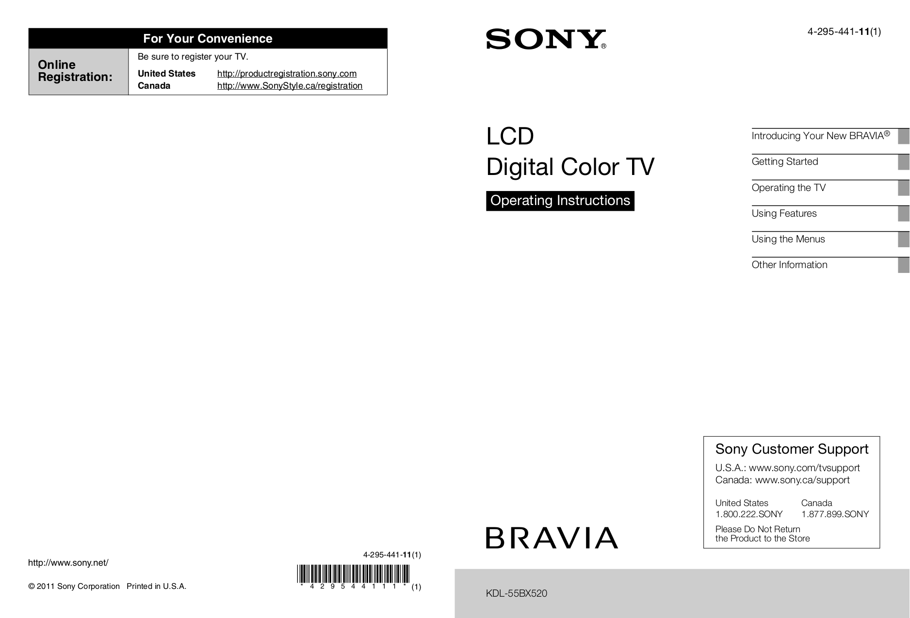 Download free pdf for Sony BRAVIA KDL-55BX520 LCD TV manual